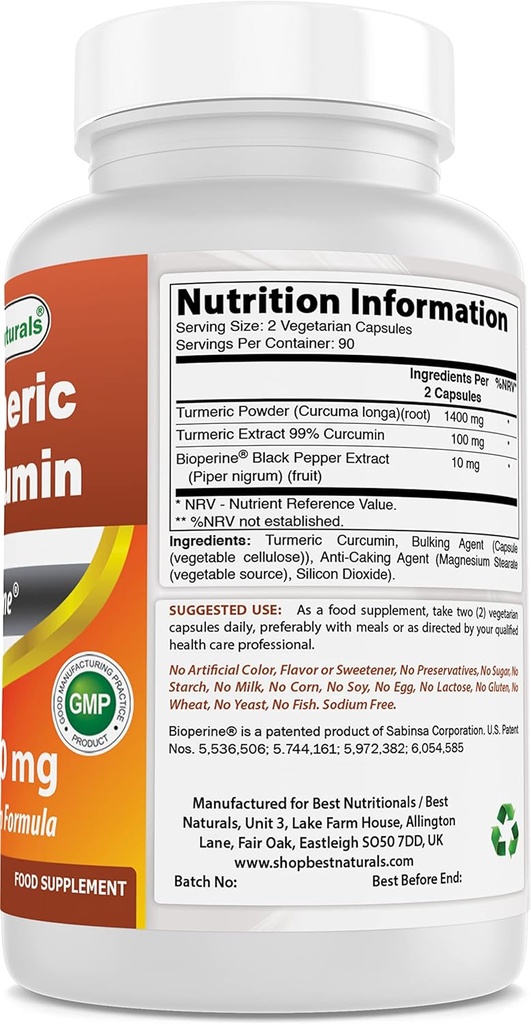 Bioperine & 마그네슘 산화물 500 mg를 가진 심황 Curcumin 1500mg