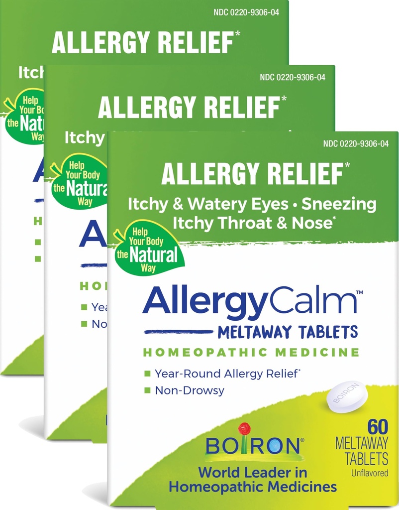 Boiron AllergyCalm Tablets 180 Count, 알레르기 및 Hay Fever Symptoms of Sneezing, Runny Nose 및 Itchy Eyes 또는 Throat, Allergy Calm Tabs (Formerly RhinAllergy) (포장 3 60ct 상자)