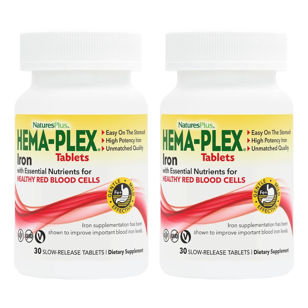 NaturesPlus Hema-Plex Iron - 30 느슨한 정제, 2 팩 - 총 혈액 건강 - 85 mg 킬레이트 철 - 비타민 C 및 Bioflavonoids - 비 GMO, 채식 및 글루텐 무료 - 60 총 서빙