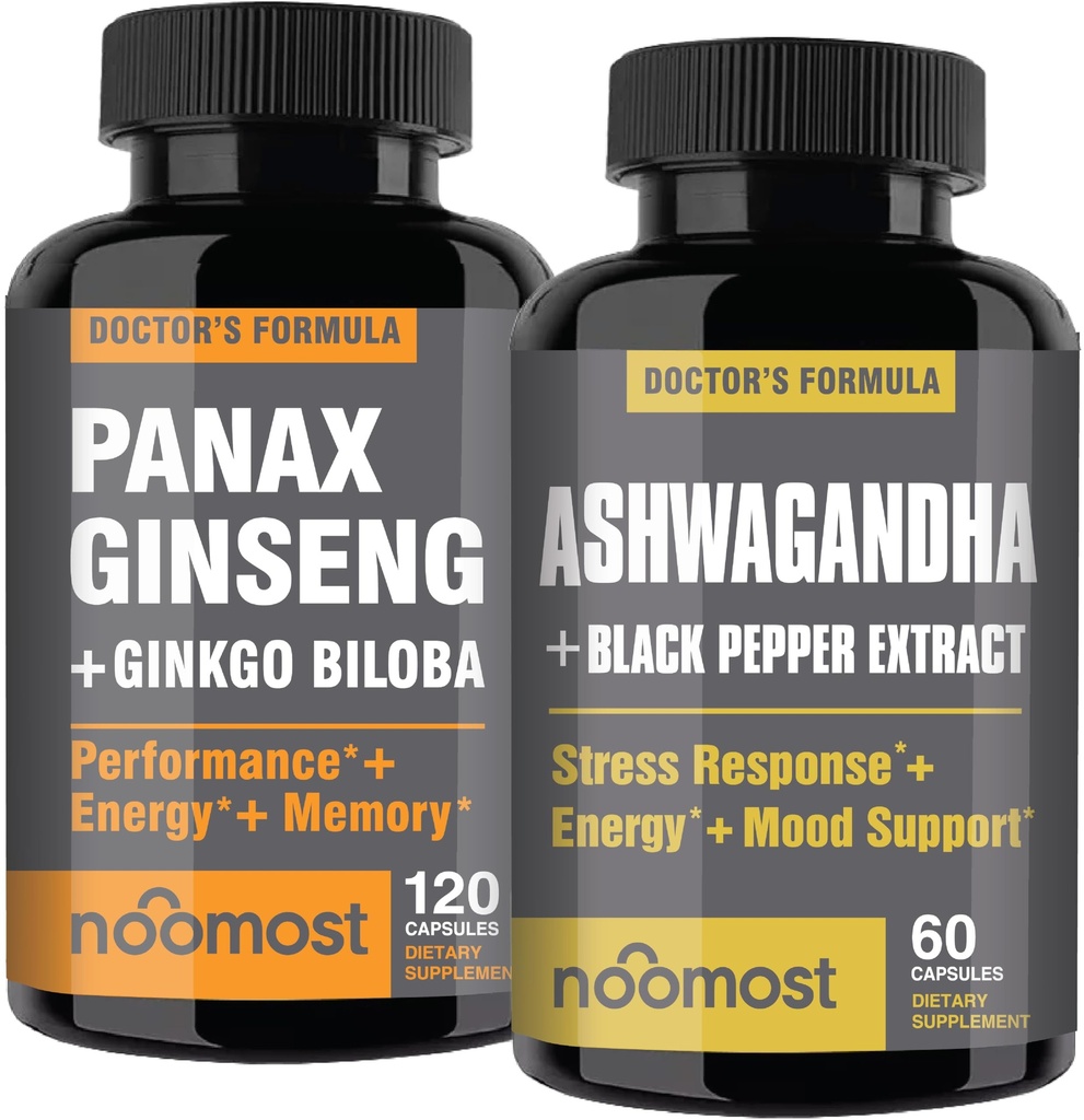 NooMost Authentic Korean Red Panax Ginseng + Ginkgo Biloba 및 Black Pepper와 유기농 Ashwagandha