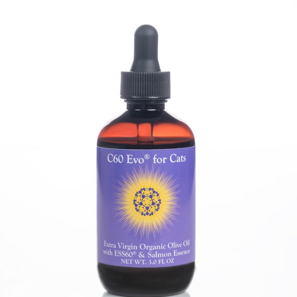 ESS60 올리브 오일 - 유기농 엑스트라 버진 올리브 오일, 순수 C60 ESS60 (.8 mg / mL) & 천연 살몬 에센스 당신의 고양이의 유연성, 에너지, 면역력, 장수 - 3 oz