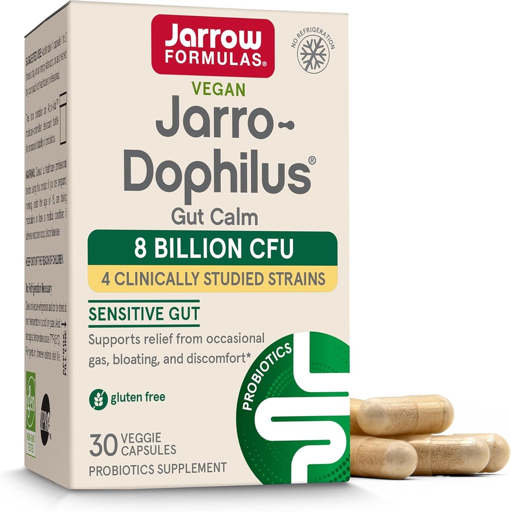 Jarrow Formulas® Jarro-Dophilus® Gut Calm Probiotic, 소화 건강을위한 8 억 CFU 보충, 30 지연 릴리즈 캡슐, 30 일 공급