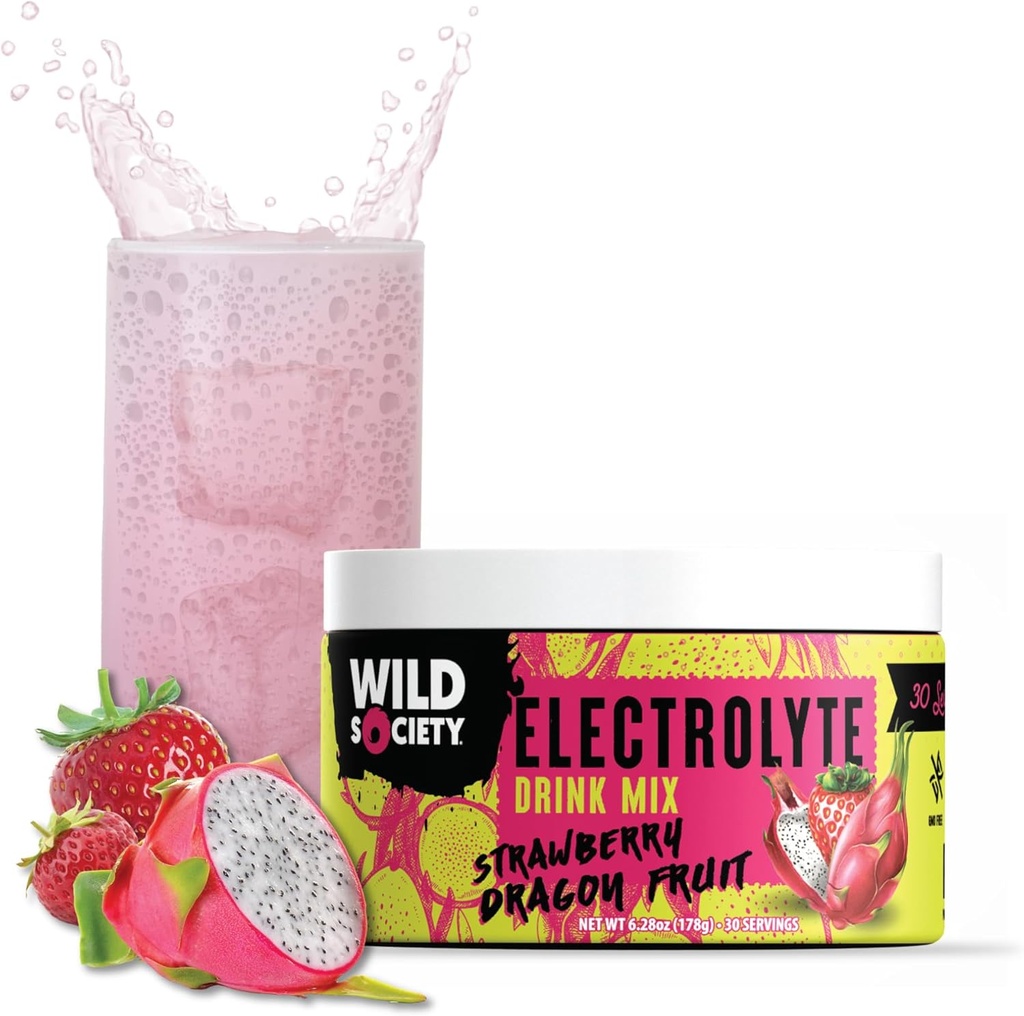 Wild Society - 프리미엄 Zero Sugar Electrolytes 파우더 음료 믹스, 3x 흡수 마그네슘 글리세라이드 - 설탕 무료, 낮은 칼로리, 과학 Backed, 리프레시 하이드로션, 딸기 드래곤 과일, 30 서빙