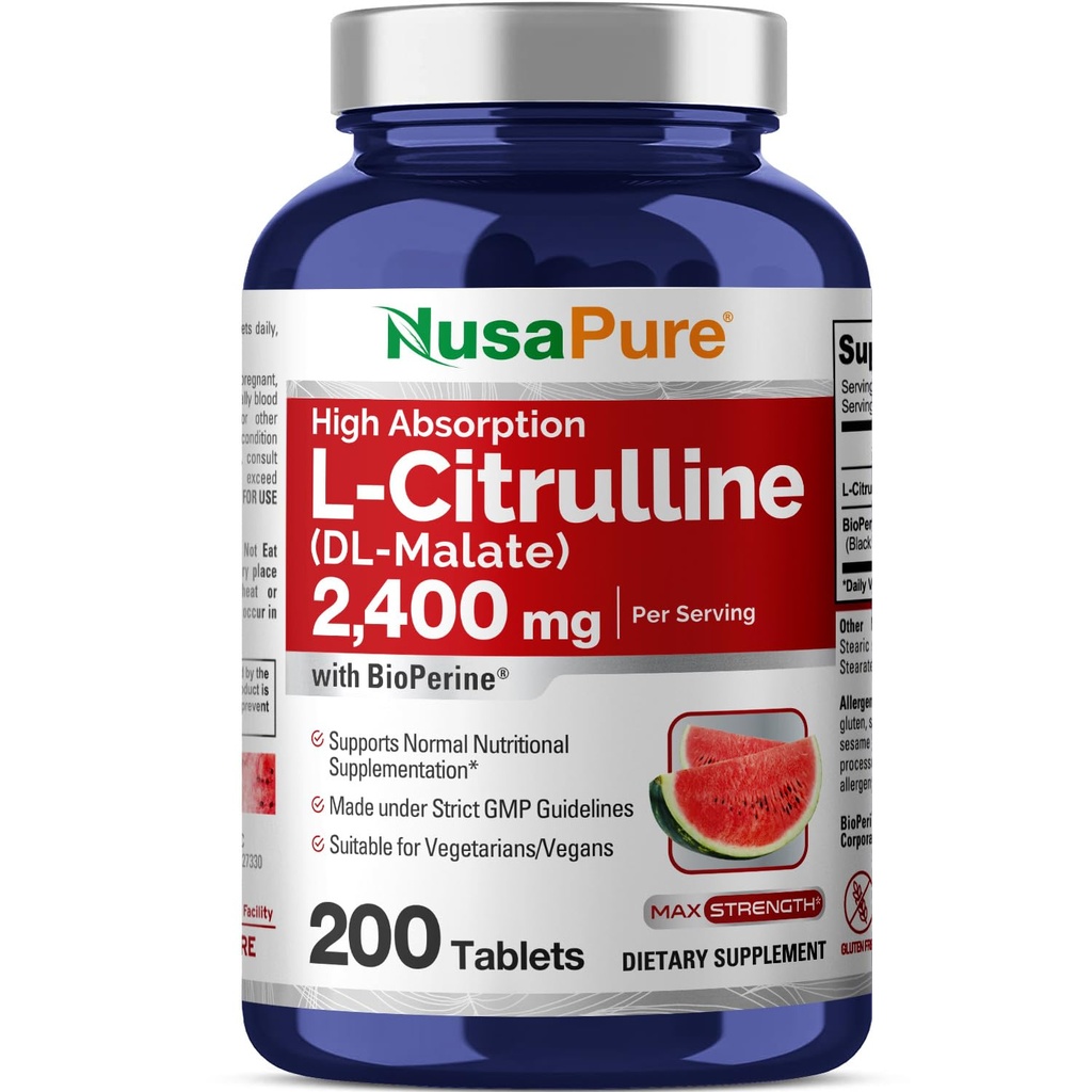 NusaPure L-Citrulline 2,400mg 200 채식 정제 (비 GMO, 글루텐 무료, 100 일 공급, 바이오페인)
