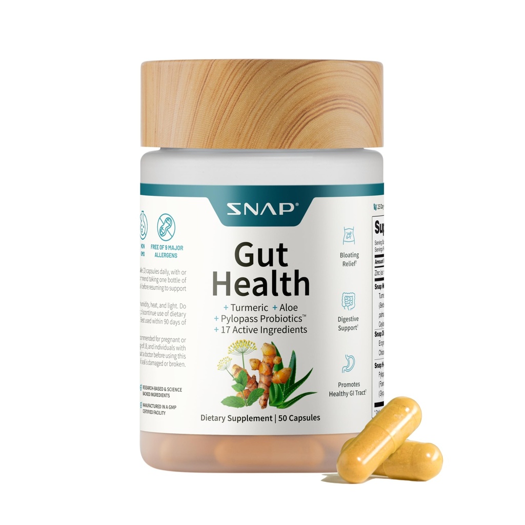 SNAP Gut Health Supplement – Turmeric, Aloe & Pylopass Probiotics – 17 Bloating Relief에 대한 활성 성분, 소화 지원 및 건강한 GI Tract – Dietary Supplement, 50 캡슐