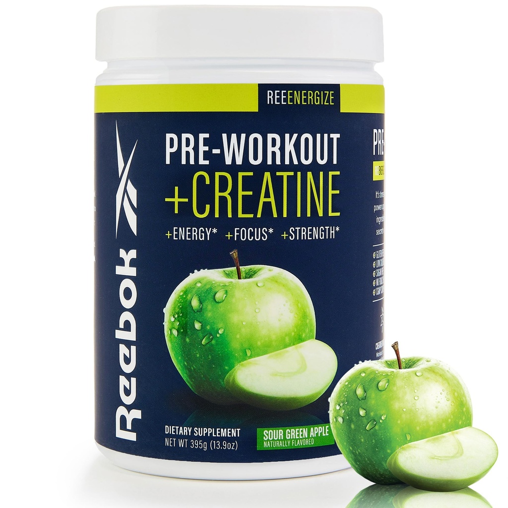 Reebok Pre-Workout Powder | 200mg Natural Caffeine, 3g Creatine Monohydrate | 고강도, 초점 및 펌프용 청정 에너지 사전 운동 | Informed-Sport 인증 | ReeEnergize | Sour Green Apple
