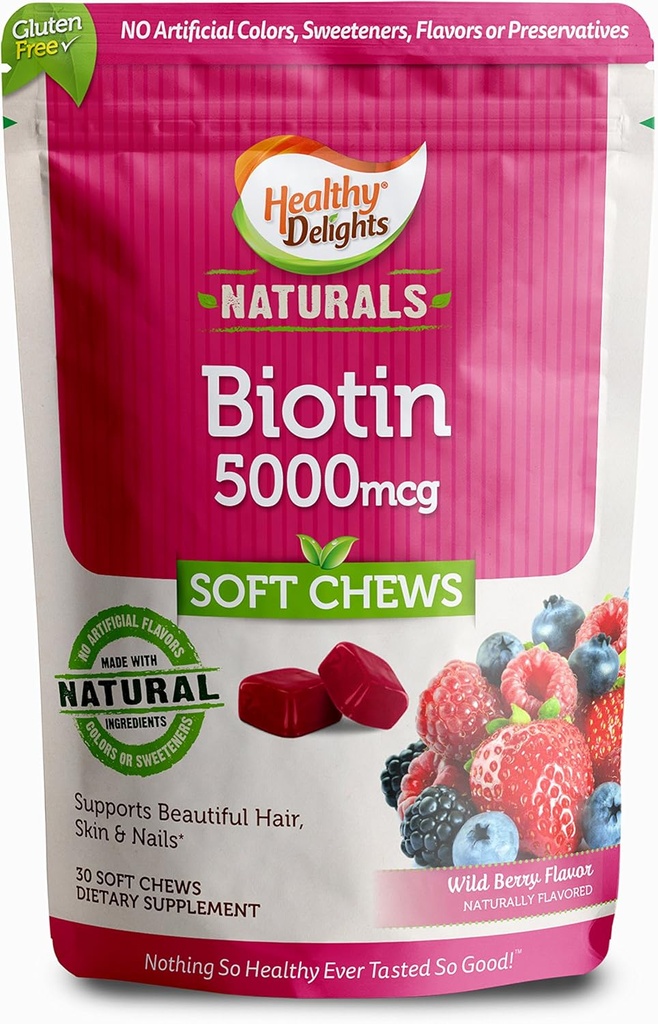 건강한 Delights 자연적인, Biotin 연약한 가슴, 지원 Lustrous 머리, Glowing 피부 & 강한 못, Delicious 야생 베리 풍미, 30 조사