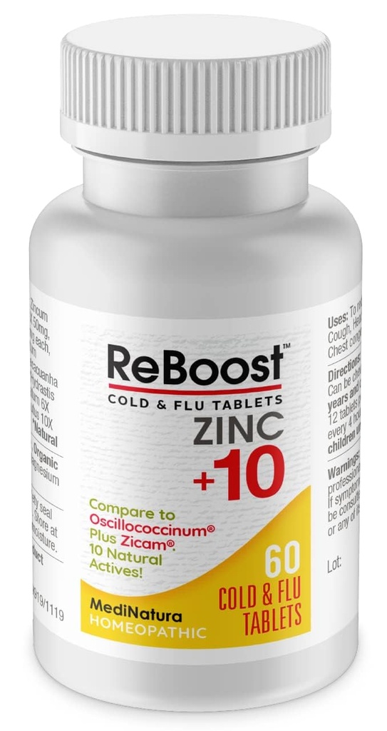 MediNatura ReBoost 아연 +10 MAX 감기 & 유출 증상 완화 빠른 행동, 비 파괴적인 자연 Soothing Homeopathic 도움 Relieve 전체적인 몸 불편, 기침, 피로, 응고 - 레몬 - 60 정제