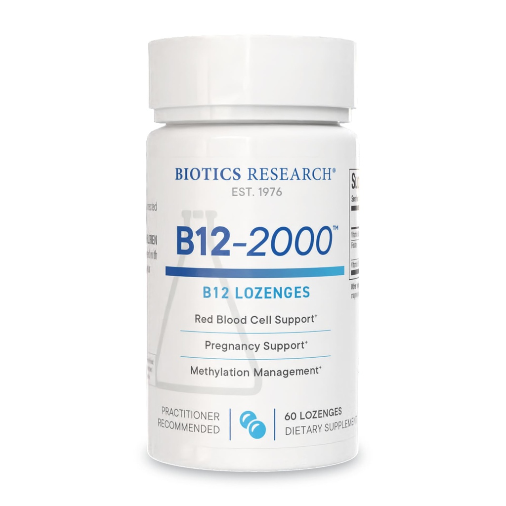 생물 연구 B12-2000TM 비타민 B12 2000 mcg, B6, Folate-B12 하위 언어 Lozenges, 메틸화 지원 보충교재, 높은 효능, 높게 흡수성, 자연적인, 베리 풍미, 쉽게 녹슬지 않는 60 조사