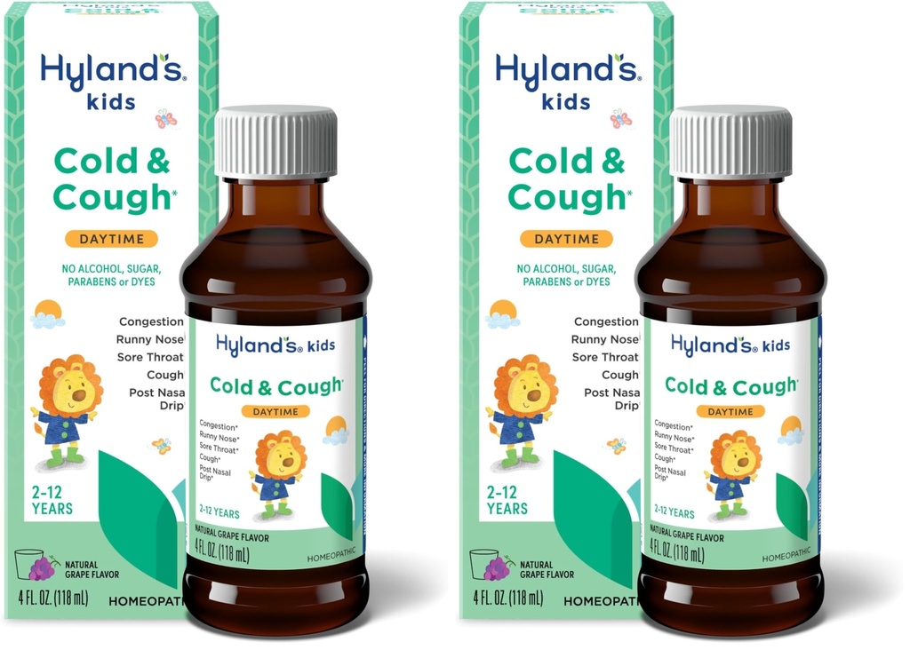 Hyland의 Naturals Kids Cold & Cough, Daytime Grape flavor Cough Syrup Medicine for Kids Ages 2+, Decongestant, Sore Throat & Allergy Relief, Common Cold Symptoms, 4 Fl Oz의 자연 치료