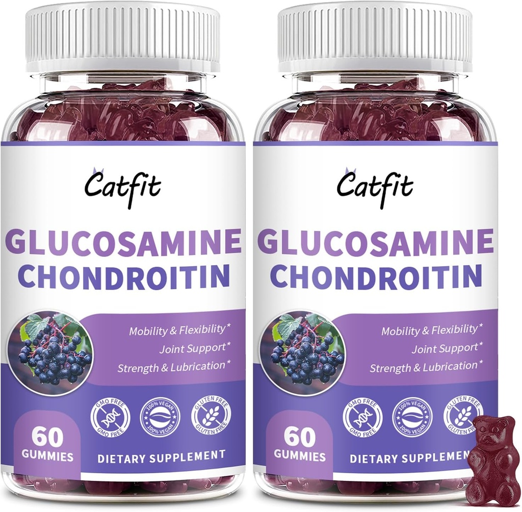 Catfit Glucosamine Chondroitin Gummies, MSM & Elderberry, 성인 남자 & 여자 (2 팩)를 위한 산화 면역성이 있는 면역성이 있는 면역성이 있는 지원 보충교재를 가진 우수한 합동 건강 지원 보충교재