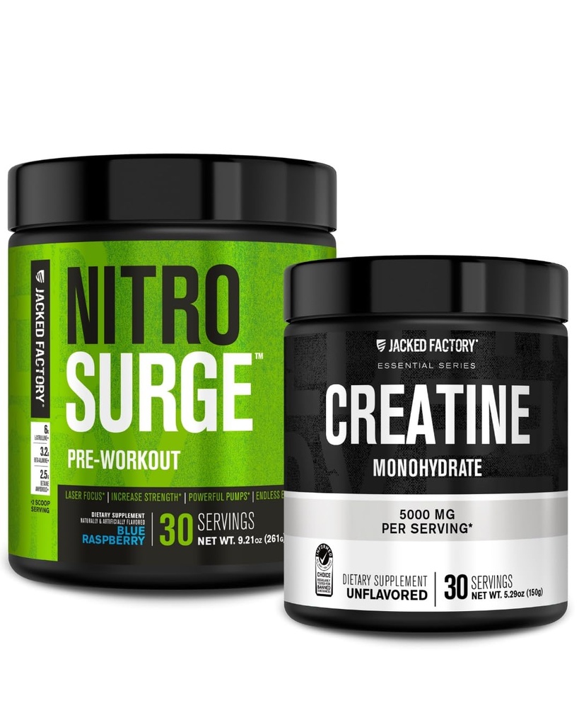 Jacked 공장 NITROSURGE 전 운동 보충교재 (파란 나무 딸기) 근육 성장을 위한 크레아틴 Monohydrate 분말 150g, 증가된 힘, 강화된 에너지
