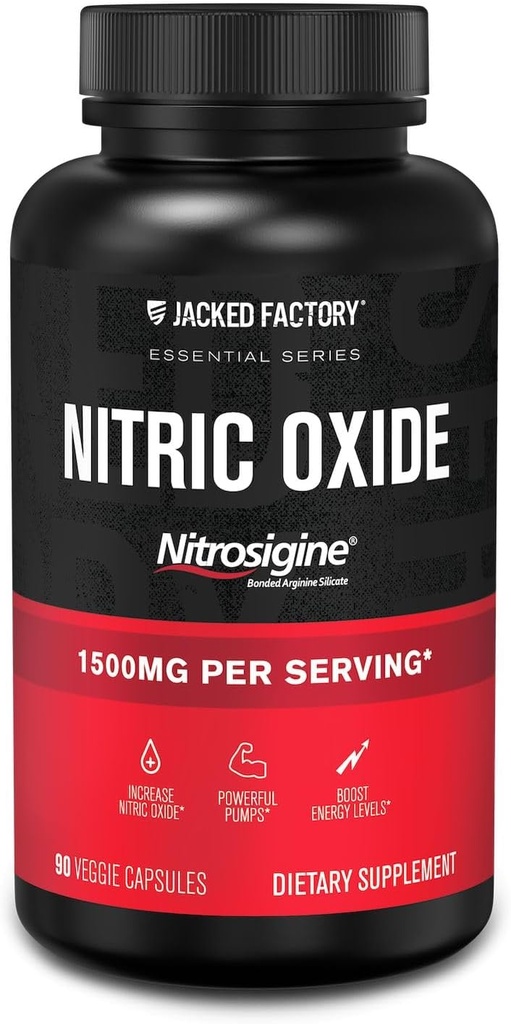 Jacked Factory Essentials Nitric 산화물 부스터 - 특허받은 Bonded L-Arginine Silicate 1500mg 근육 성장, 펌프, 관성 및 에너지를위한 사전 운동 보충 - 90 Veggie 알약