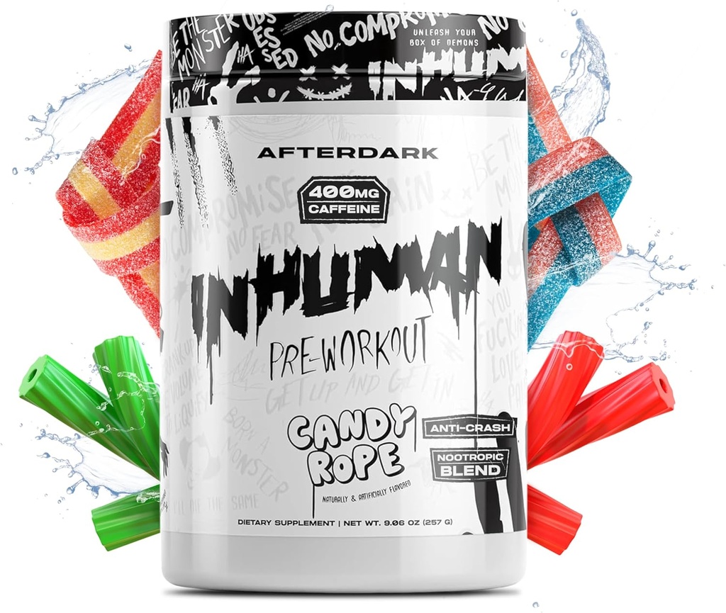 AFTERDARK INHUMAN Pre-Workout 파우더, 향상된 마인-Muscle 연결, 지속 에너지, 포텐 Nootropic 혼합, Vegan, 글루텐-Free, Soy-Free, 400mg 카페인, 충돌 없음, 캔디 로프