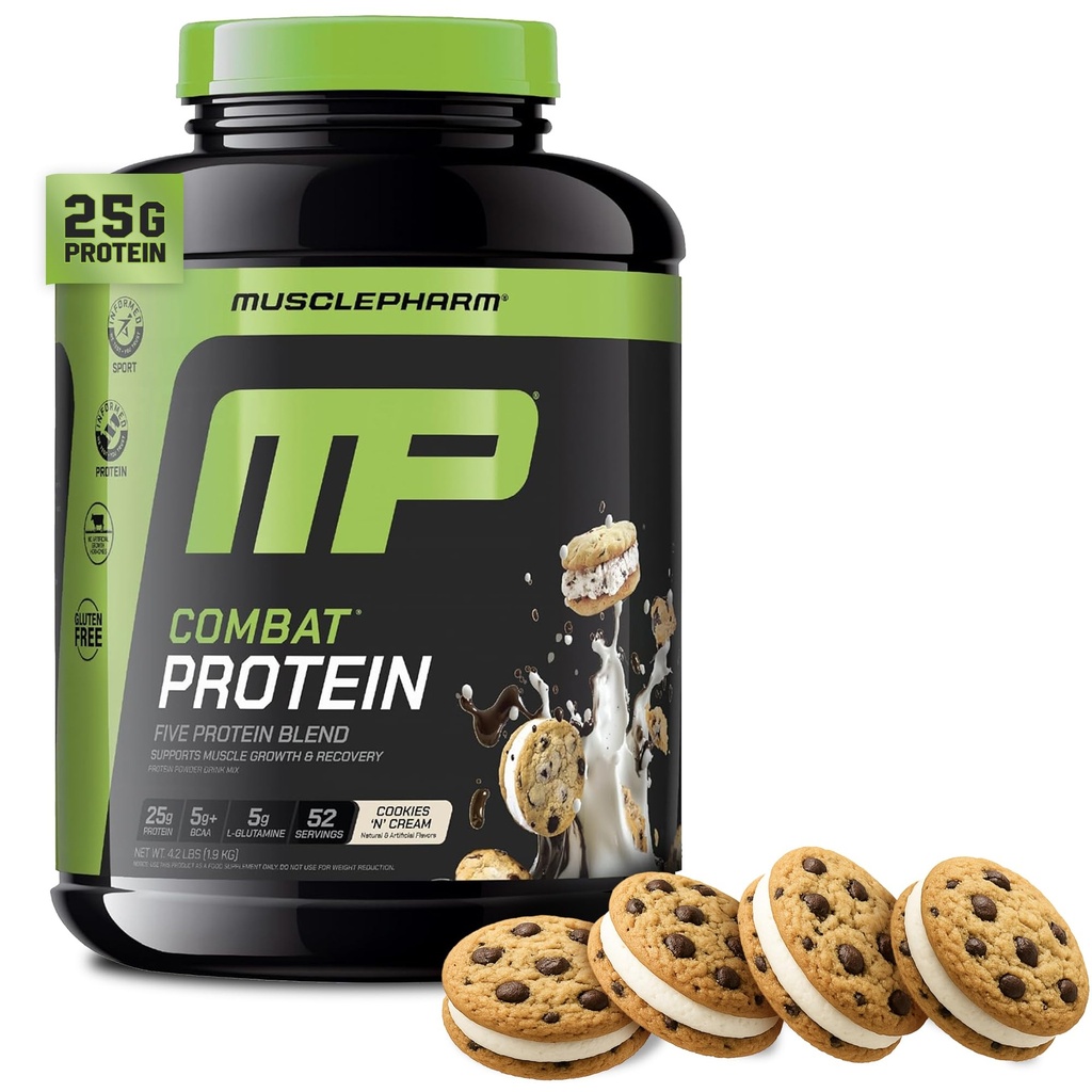 MusclePharm 전투 단백질 분말, 쿠키 'N' 크림 맛, 생산적인 운동을위한 연료 근육, Whey Protein Isolate & Egg Albumin, 글루텐 무료, 4 lb, 52 서빙