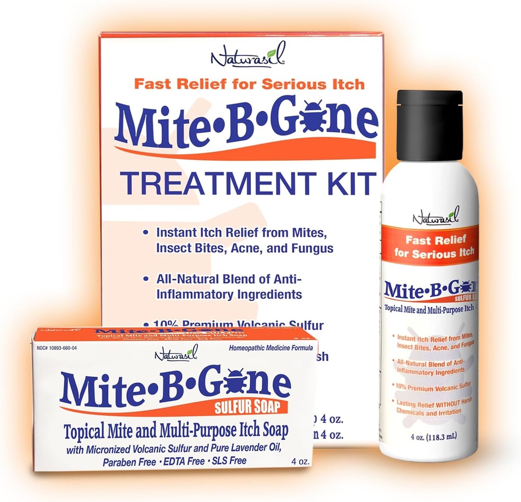Mite Treatment Lotion & Soap by Mite-B-Gone | 여드름, 버그 비트, 피부 적색 및 가려움증, 불편 & Rosacea | 아이와 어른 안전| 트리트먼트 키트
