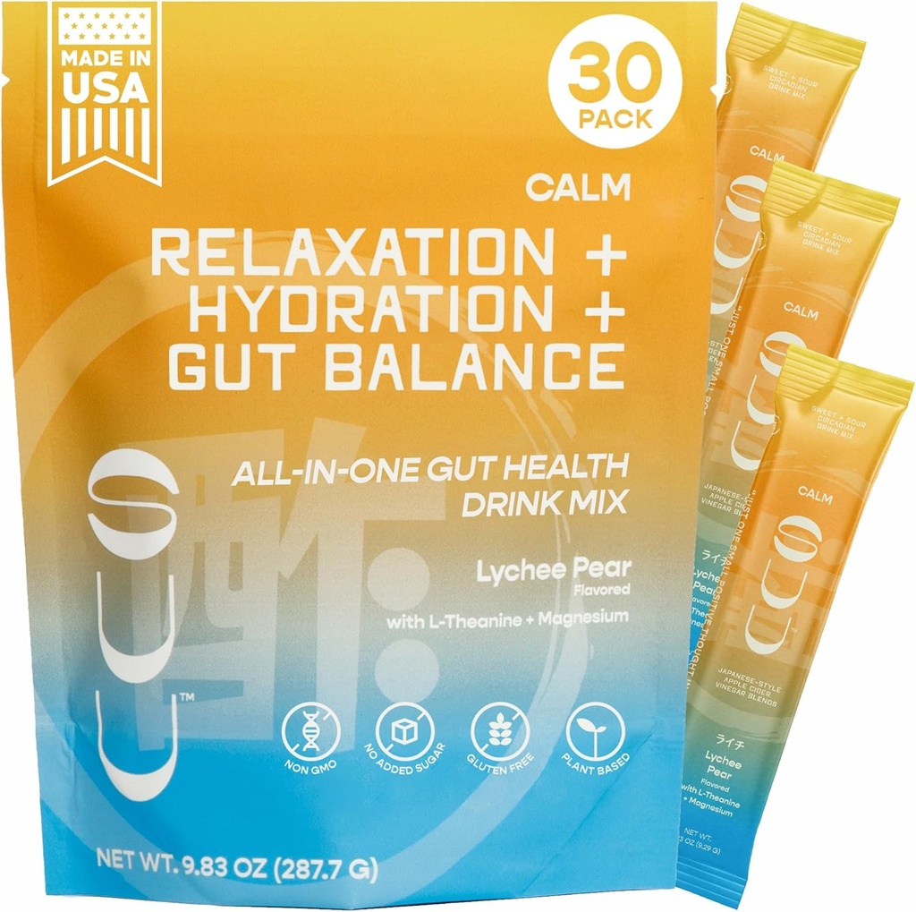 Calm Gut 건강 음료 믹스|Apple Cider Vinegar Prebiotics,Probiotics Gut Health for Women & Men|L-Theanine & Magnesium| 소화 건강 및 무드 지원, Relaxation & Hydration|Lychee Pear,30 서빙