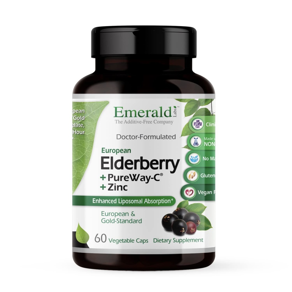 EMERALD LABS Elderberry Plus - 유럽 Elderberry 추출물, PureWay-C 및 Albion 킬레이트 아연으로 비타민 C와 소화 및 면역 지원 - Vegan & Gluten-Free - 60 식물성 캡슐 (30 일 공급)