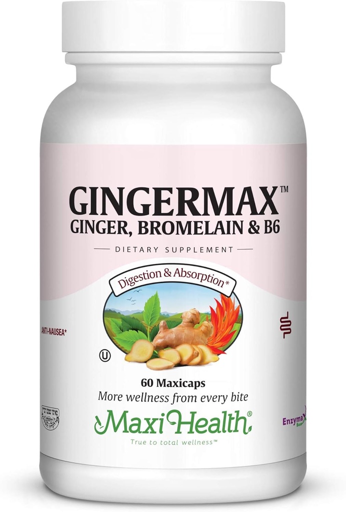 Maxi 건강 Gingermax - 생강 - Bromelain & 비타민 B6 - 소화 건강 - 60 캡슐 - 코셔
