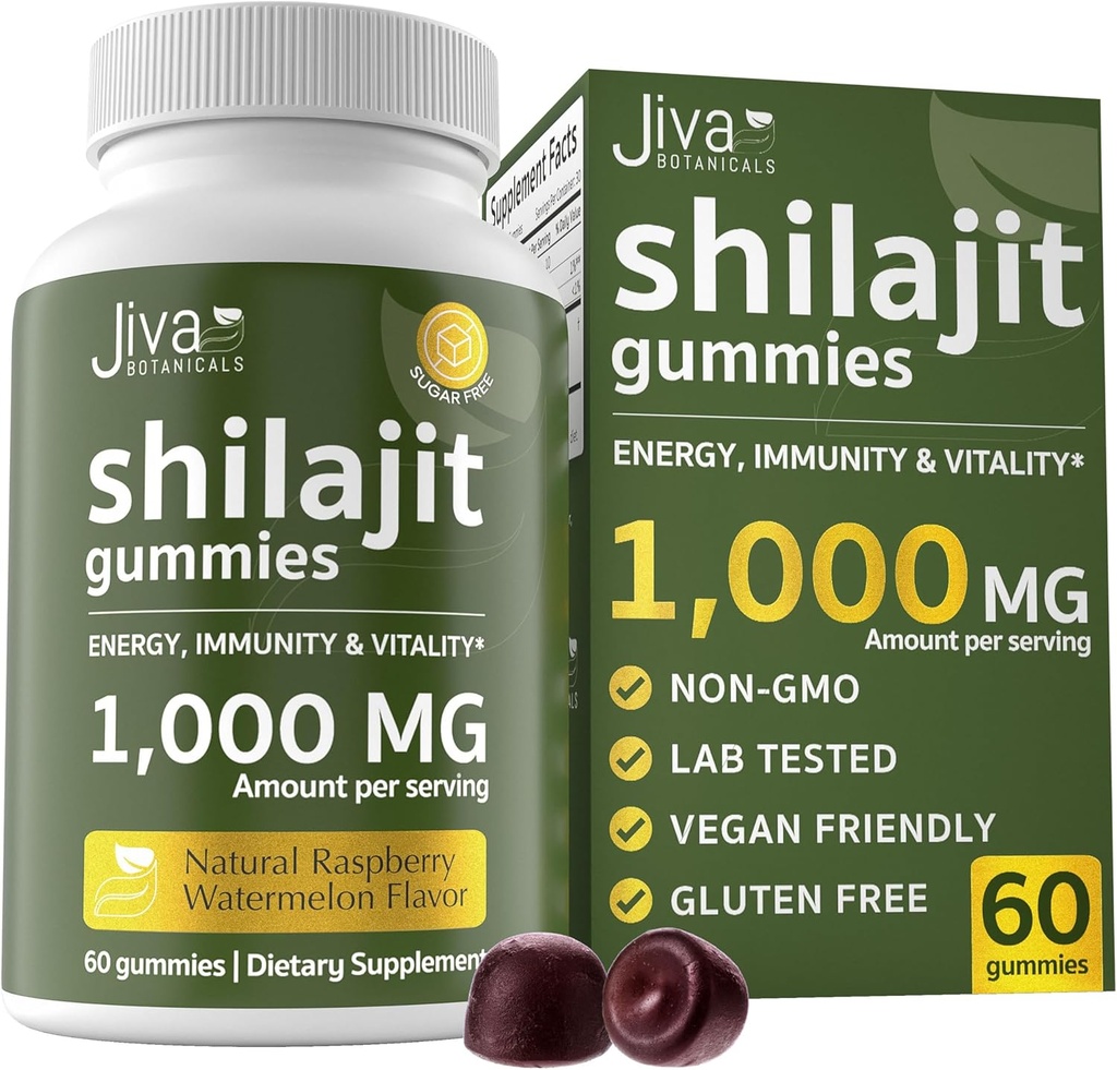 Jiva Botanicals 순수한 Shilajit는 남자 & 여자를 위한 히말라야스 Gummies에서 - 건강한 시효를 위한 Shilajit Gummies 1000mg, 면역 체계 & 정상적인 에너지 지원 - 설탕 자유로운, 채식주의자, 60 조사 (1의 포장)