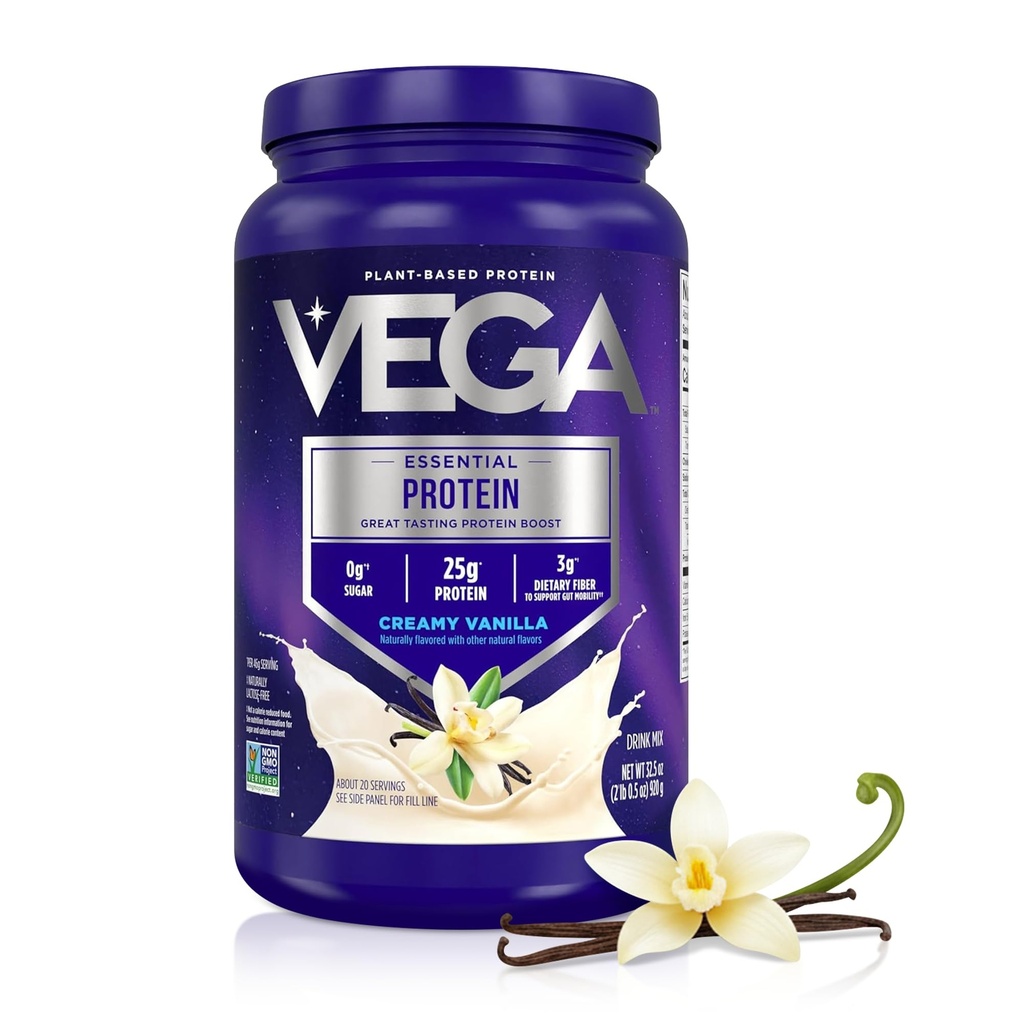 Vega Original Essential Protein - 25g Plant 기반 단백질, 크림 바닐라, 20 서빙, Vegan Non-GMO 음료 혼합, 스무디 & Shake 준비, 글루텐 무료, 낙농장 무료, 32.5oz (패키지 May Vary)