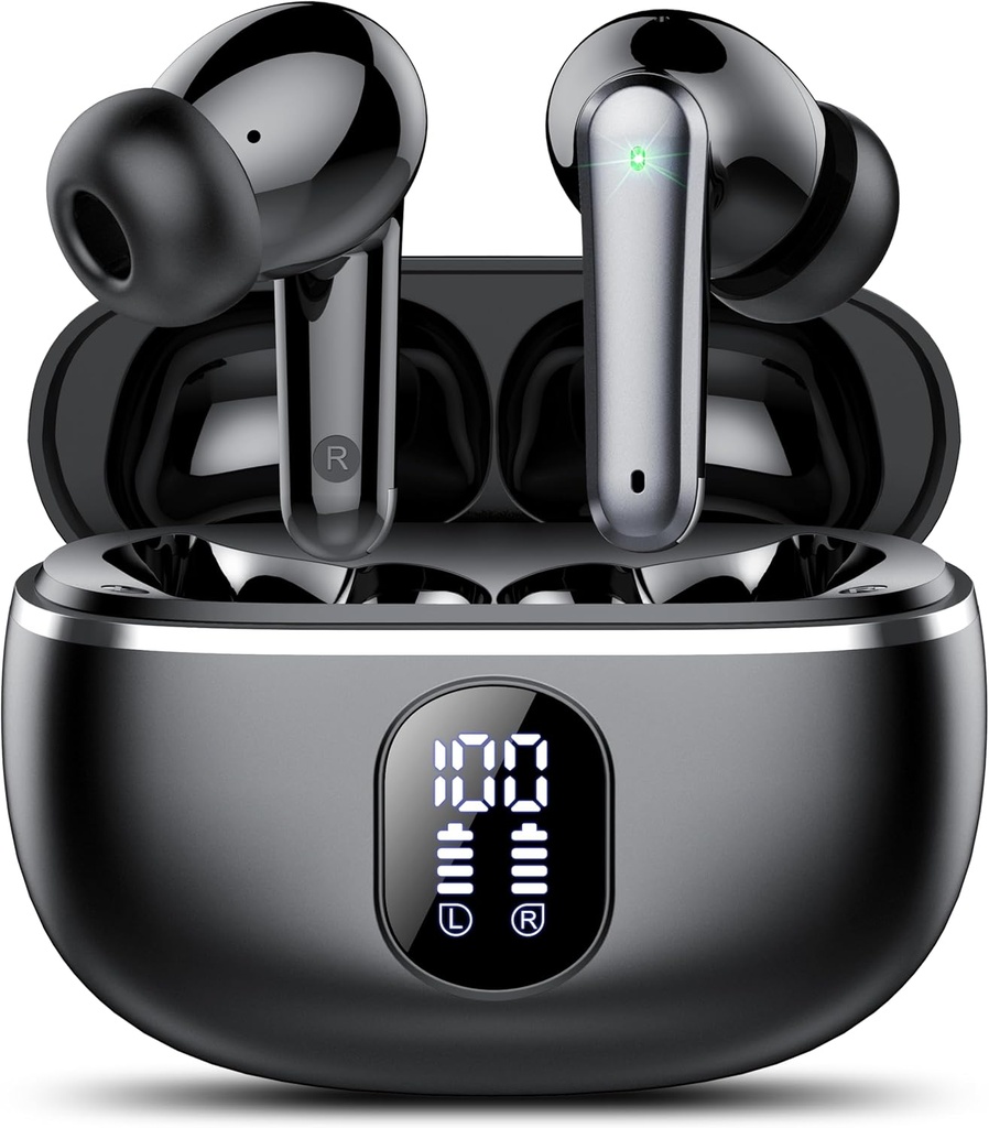 무선 Earbuds, Bluetooth 5.3 헤드폰 큰 베이스 입체 음향, 소음을 가진 귀 Bud는 이어폰 IP7 방수, 스포츠, 검정을 위한 50H 재생 시간에서 Mic 발광 다이오드 표시를 취소합니다