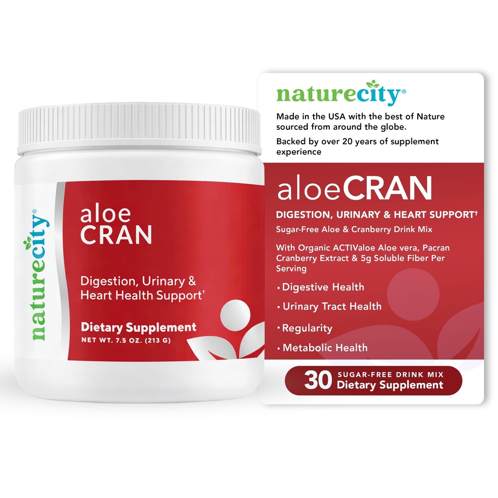 NatureCity AloeCran - 크랜베리 분말 보충과 순수한 알로에 Vera 혼합 - 소화 및 우린 건강을위한 설탕 무료 섬유 콤보 혼합 - Gut & Metabolic Health Support - 30 공급 일