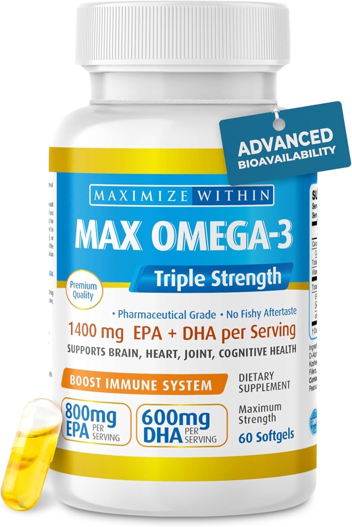 최대 호리호리한 최대 Omega 3 물고기 기름 알약 - 3배 힘 물고기 기름 보충교재 (2000 mg 총 오메가 3 지방산: 600mg DHA + 봉사 당 800 mg EPA)