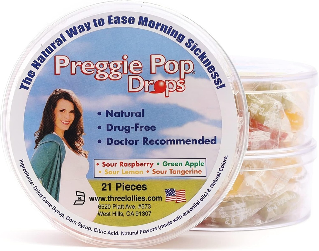 Preggie Pop Drops - 임신 중 아침 시편 (3 팩, 63 카운트) - 필수 오일, 임신 한 엄마 및 아기를위한 안전, 글루텐 무료 - 레몬, 라즈베리, 그린 애플, Tangerine