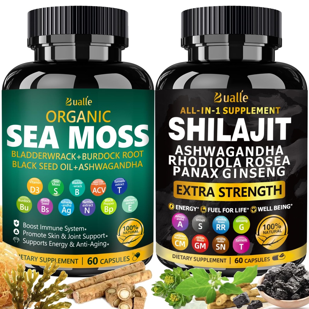 Bualle 바다 Moss와 Shilajit 번씨 Moss 300mg의 까만씨 기름 100mg의 Ashwagandha 50mg의 생강 & Shilajit 300mg의 Rhodiola Rosea 100mg의 Panax Ginseng 50mg의 1개의 보충교재 미국에 있는 모든 만드는 (2 팩)