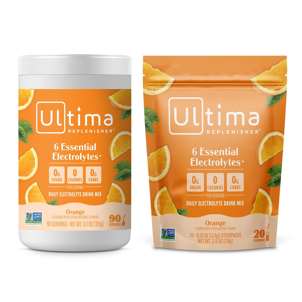 Ultima Replenisher Electrolyte Powder Drink Mix 번들 - 설탕 무료 - 오렌지, 90 서빙 용기 및 20 Stickpacks - 6 Electrolytes 및 Minerals - Keto Friendly, Vegan, Non-GMO