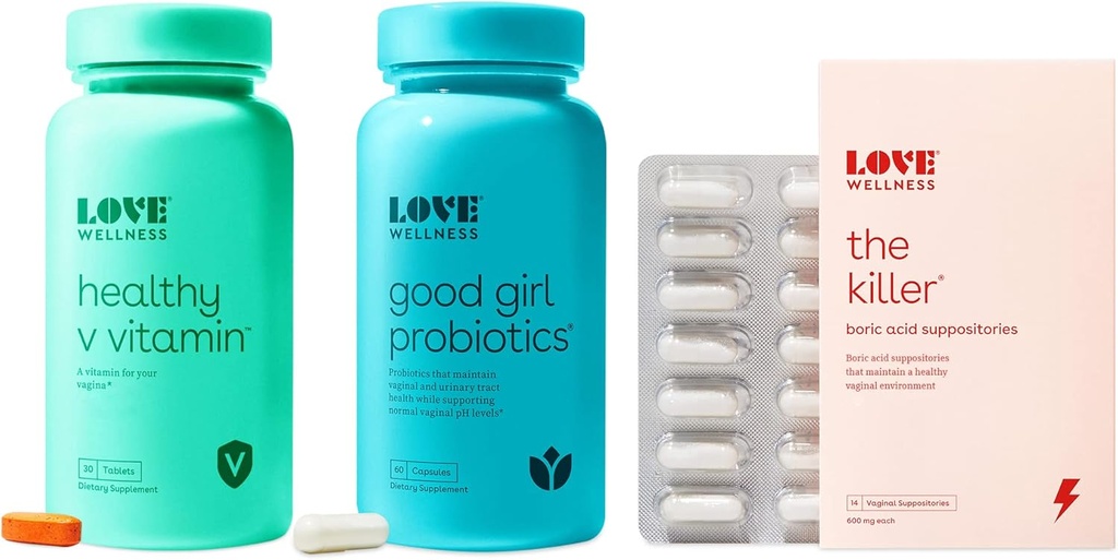 Love Wellness Killer, Good Girl Probiotics & Healthy V Vitamin | Triple Threat Vaginal Suppository Kit | Vaginal Health에 대한 빠른 행동 비타민 및 좌약 - 건강한 냄새 및 pH 지원