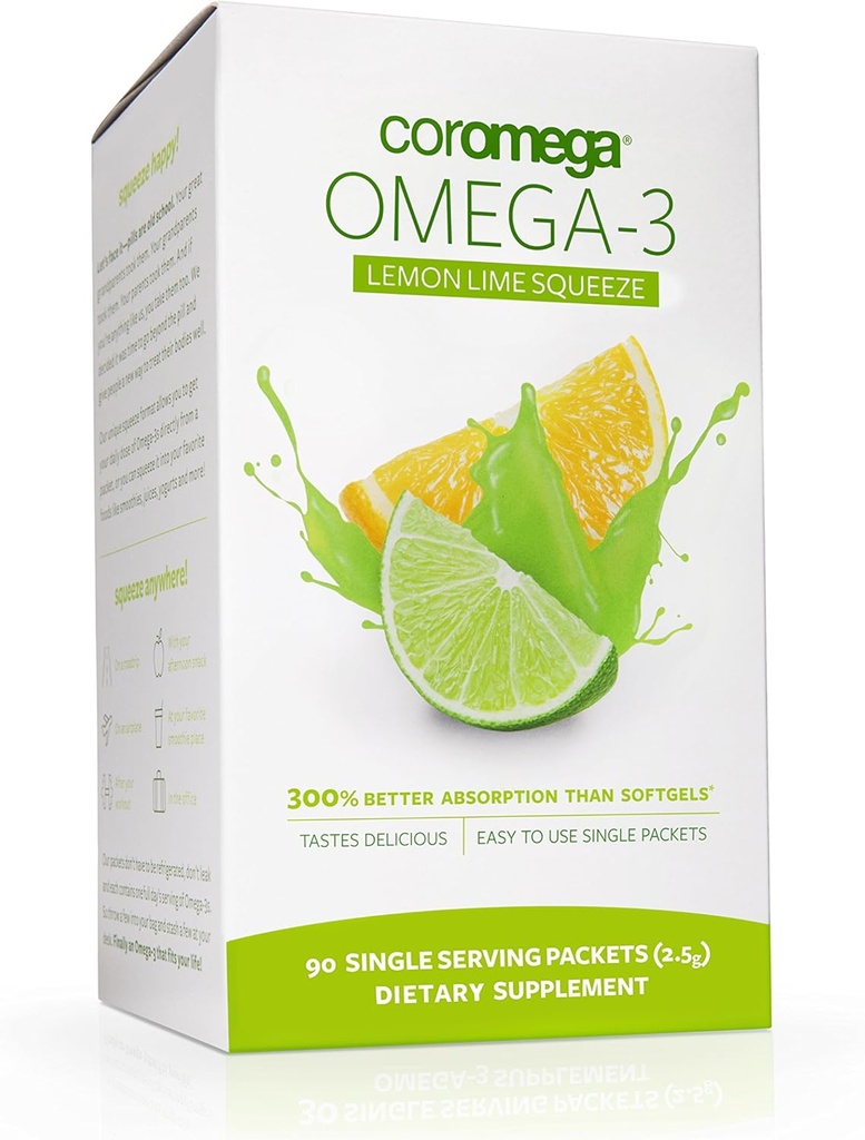 Coromega 오메가 3 물고기 기름 보충교재, Softgels, 레몬 Lime 풍미, 90 단 하나 Serve Squeeze 소포 보다는 3X 더 나은 흡수를 가진 Omega-3s의 650mg