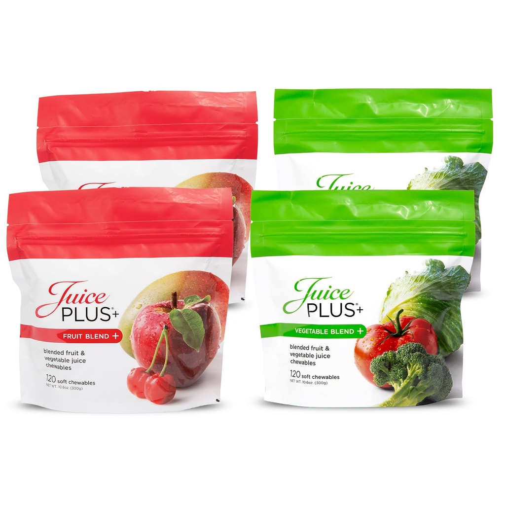 JuicePlus+ 과일 & 야채 혼합 연약한 Chews - 맛있은 Vegan 과일, 성인 & 아이를 위한 Veggie 거미 비타민 - 4 달 공급 4 팩 (2 각 맛의)