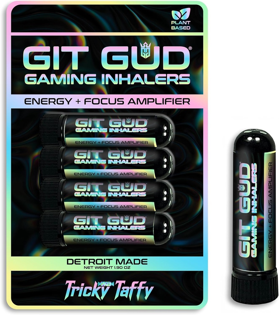 GIT GUD 에너지 스틱 (4 팩) 경쟁력있는 초점 증폭기, 상쾌한 민트 아로마, 매일 사용, 휴대용 일회용, Tricky Taffy (Taffy Mint)