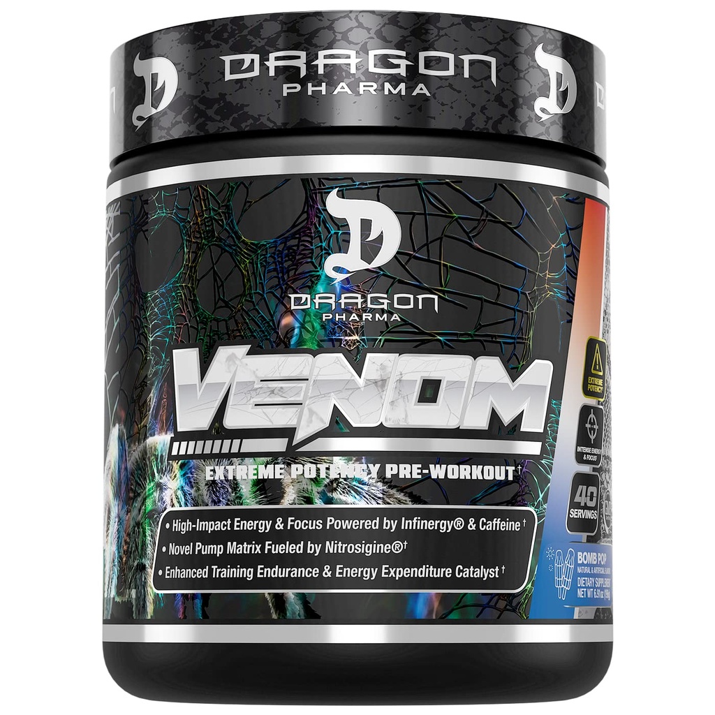 DRAGON PHARMA Venom Extreme Potency Pre-Workout, Laser Sharp Focus + Energy, Intense Performance, 향상된 Vasodilation 및 Endurance (40 서빙, 폭탄 팝)을위한 입증 된 성분