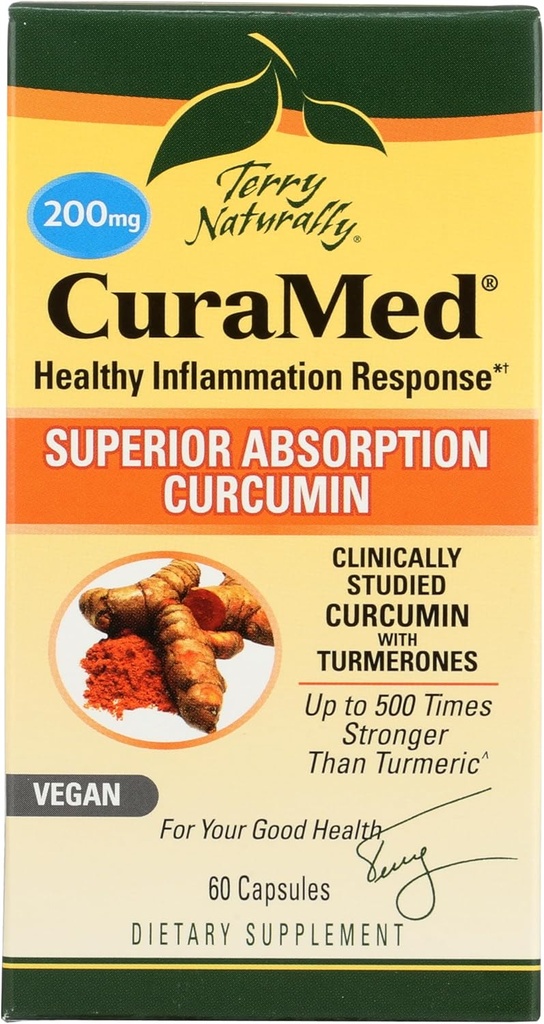 Terry Naturally CuraMed 200 mg - 60 Vegan Softgels - 우수한 흡수 BCM-95 Curcumin 보충교재는, 건강한 염증 응답을 승진시킵니다 - 비 GMO, 글루텐 자유로운, 고약 - 60의 서빙