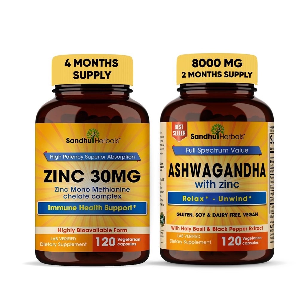 Sandhu Herbals 아연 30mg 보충 및 유기 4 에 1 Ashwagandha 캡슐 아연| 건강한 피부, 면역 체계 지원| Non-GMO