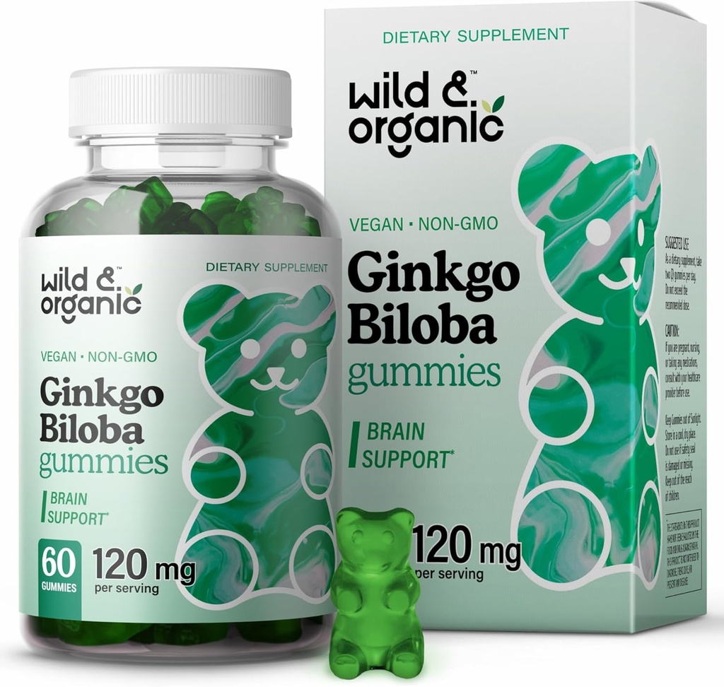 야생 & 유기 Gingko Biloba 120mg Gummies - 두뇌 지원 및 초점 보충교재 w/Ginkgo Biloba 추출물 - Vegan, Non-GMO - 60 Pectin 기반 초본 Chewable