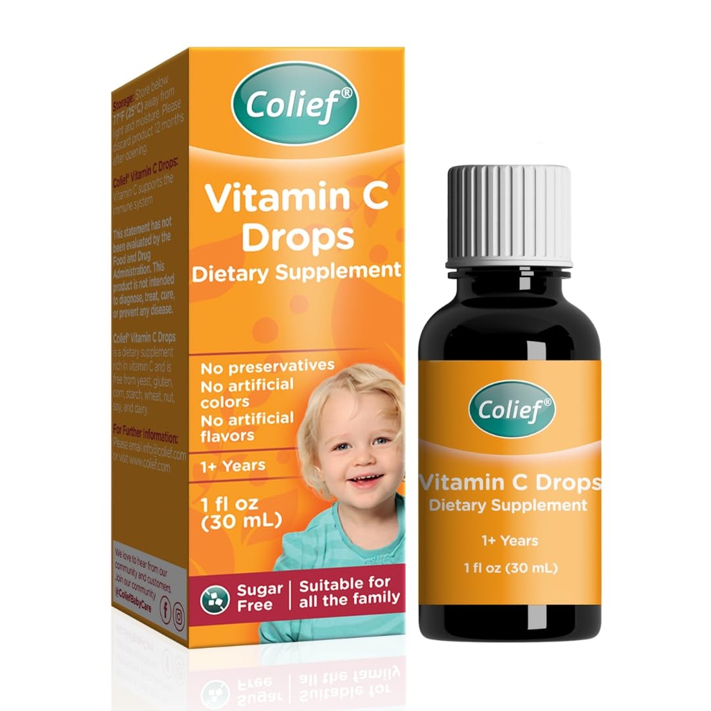 아기를 위한 Colief Vitamin C Drops | 유아를 위한 매일 면역 지원 +1 | 일기, 글루텐 및 보존 무료 | 건강한 뼈와 치아의 발달 지원 | 600 Drops