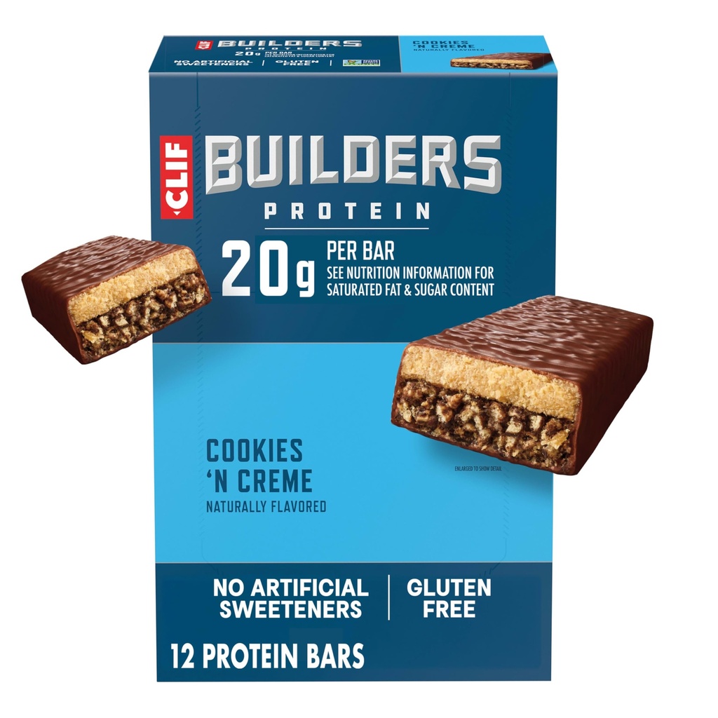CLIF BUILDERS Protein Bar - 쿠키 'n 크림 맛 - 20g 공장 기반 단백질 - 글루텐 무료 - 비 GMO - 낮은 글리세라이드 - 인공 감미료 없음 - 2.4 oz. (12 팩)