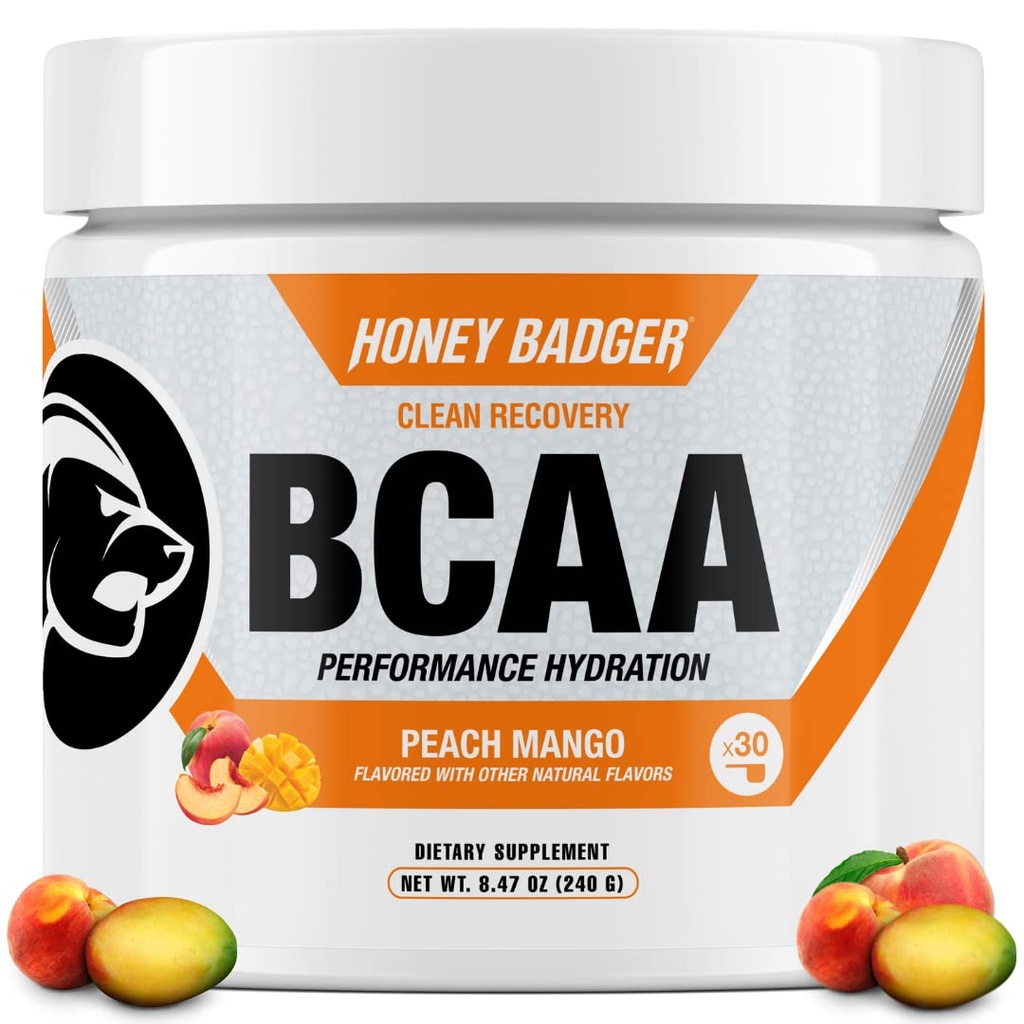 꿀 Badger BCAA + EAA 아미노산 분말, BCAAs + L 글루타민, Keto, Vegan, 남자 & 여자를 위한 설탕 자유로운, Hydration & 포스트 운동 근육 회복 음료 혼합, 복숭아 망고, 30의 서빙