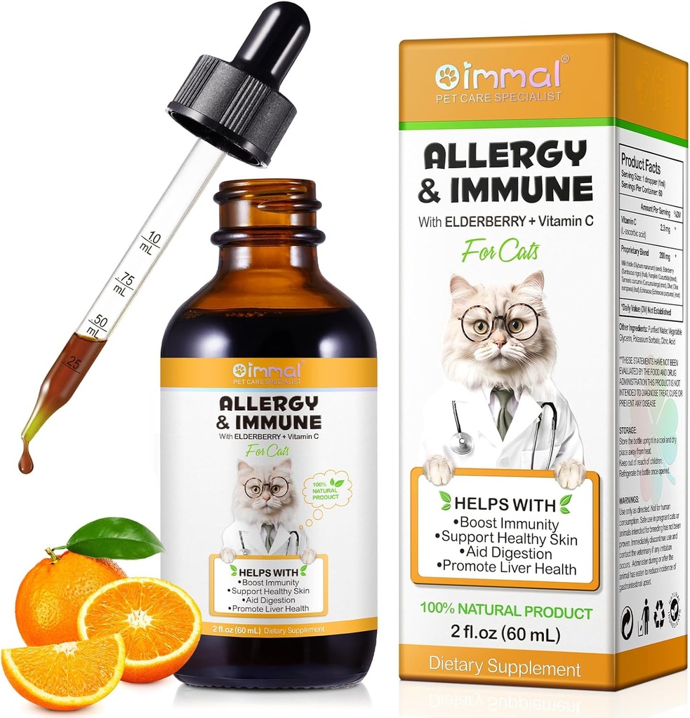 Cats, Cat Allergy Immune Booster Treatment for Seasonal Allergies & Digestive, Healthy Liver & Immune System, Cat Herb 보충 비타민 C, 닭 맛 - 60ml / 2fl.oz
