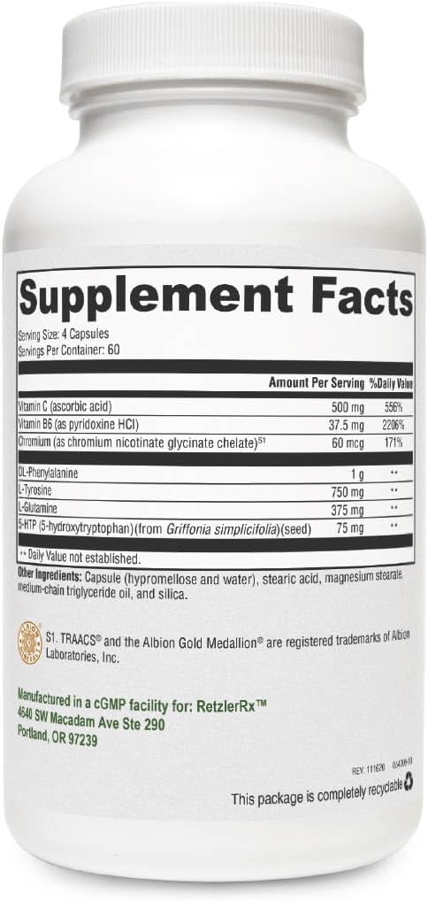 RetzlerRx의 Crave 제어 - Curb Appetite 및 Combat Cravings - Chromium, DL-Phenylalanine, L-Glutamine, Mood & Appetite 지원을위한 비타민 B6 + 5-HTP (240 캡슐)