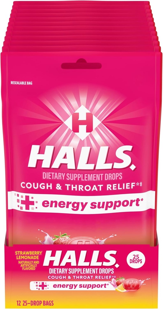 HALLS Relief + Energy Support, Strawberry Lemonade Cough Drops, 25 Drops의 12 백 (300 총 드롭)