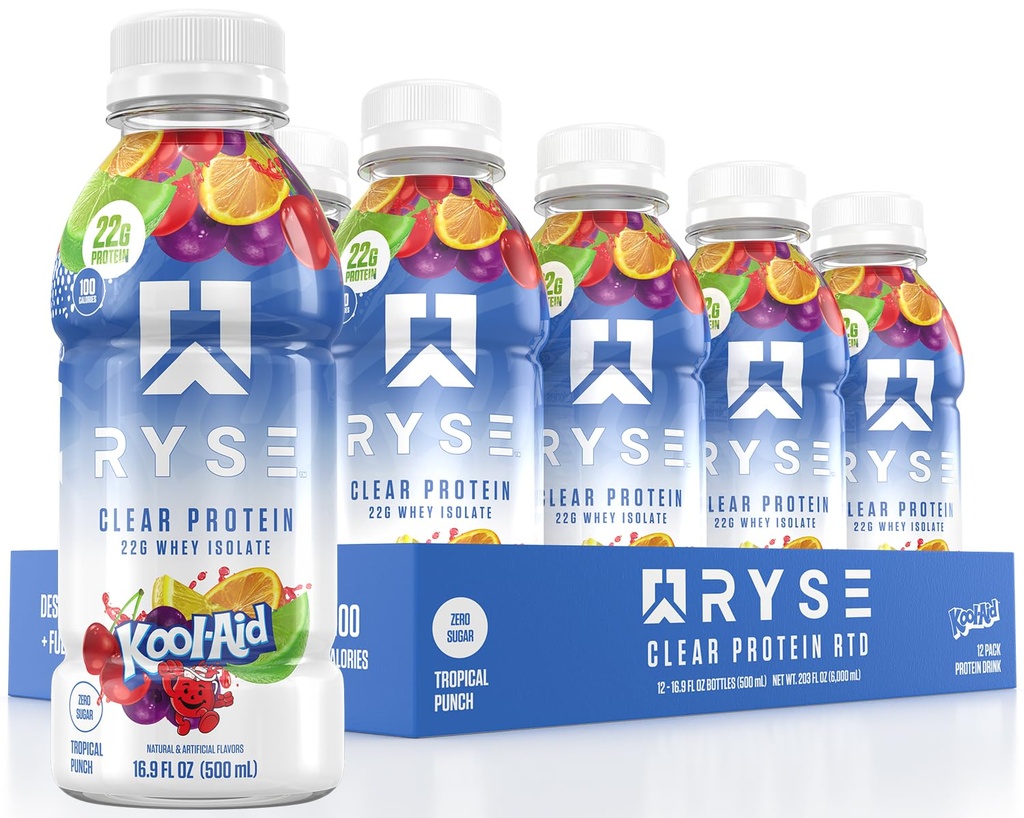 RYSE Clear Protein Drink - Kool-Aid Tropical Punch - 100 칼로리, 22g Whey Isolate Protein Shake, Sugar-Free, 0g Fat & Lactose-Free - Ready-to-Drink 음료 - 16.9 fl oz Bottle (12-Pack)
