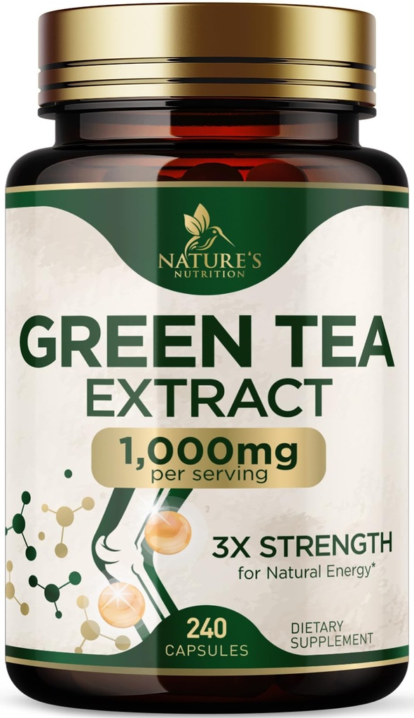 녹차 추출물 캡슐 1000 mg - 표준화 된 45% EGCG & 98 % 폴리 페놀 - 천연 에너지를위한 3X 강도 녹차 알약 - 지원 심장 건강, 초본 보충, 비 GMO - 240 캡슐