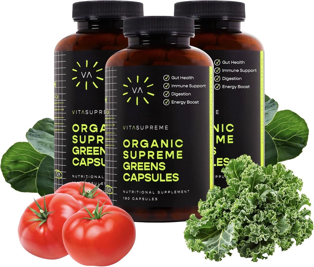 Vita Supreme Organic Super Greens Superfood Capsule, Gut Health, Immune Support, Digestion, Energy 및 More (Non-GMO, Keto, Vegan) 180 캡슐, 3 팩