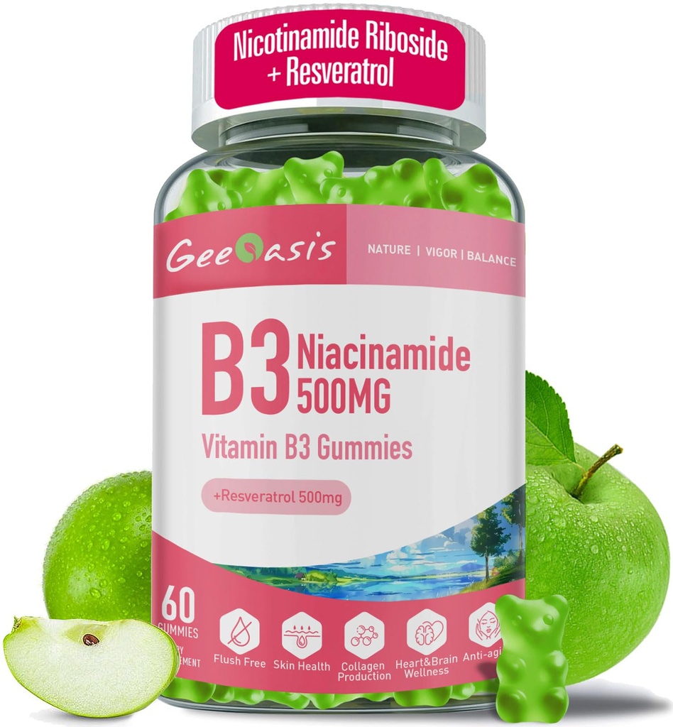 Niacinamide 500mg Gummies, Resveratrol 500mg를 가진 Chewable 비타민 B3 보충교재, 산화제, 피부 & 두뇌 건강, 면역성이 있는 지원을 위한 높은 잠재적인 Niacin, Vegan 애플 풍미, 60 조사