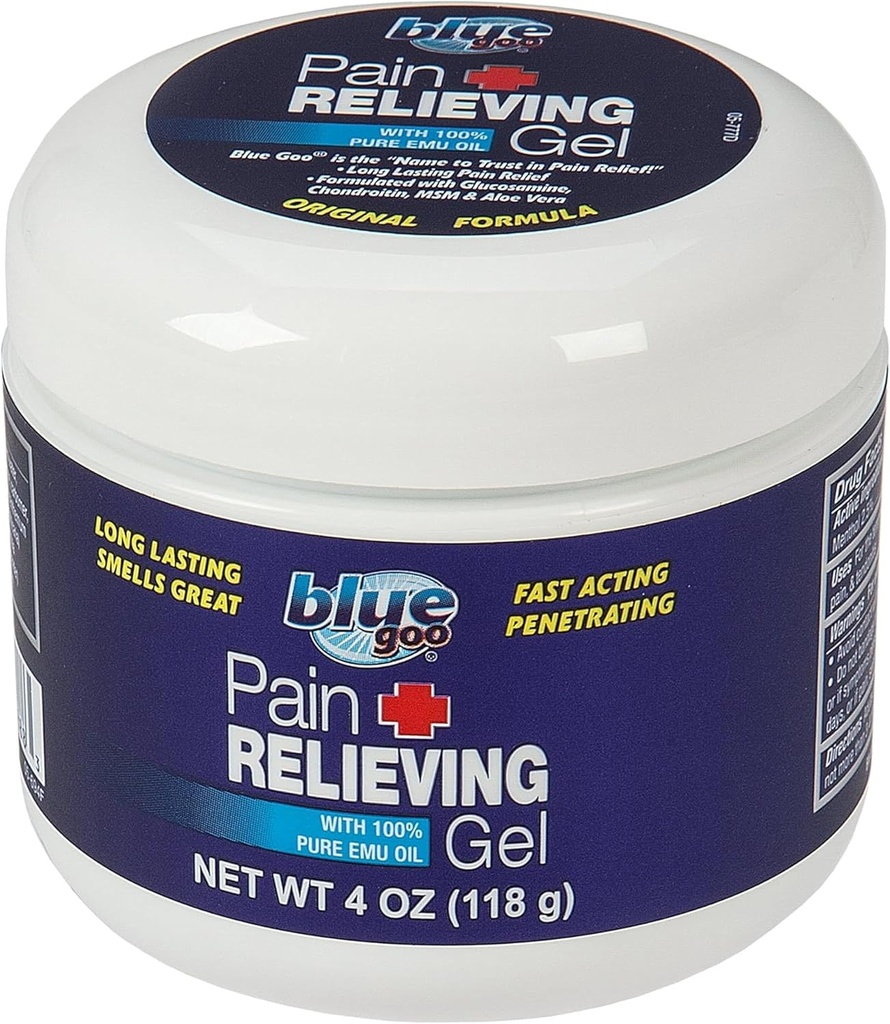 Blue Goo Pain Relieving Gel - 후면, 목, 근육 및 관절 통증, 100 % 순수 Emu 오일, 4 온스 (1 팩)과 빠른 행동 냉각 및 소결 완화를위한 완화